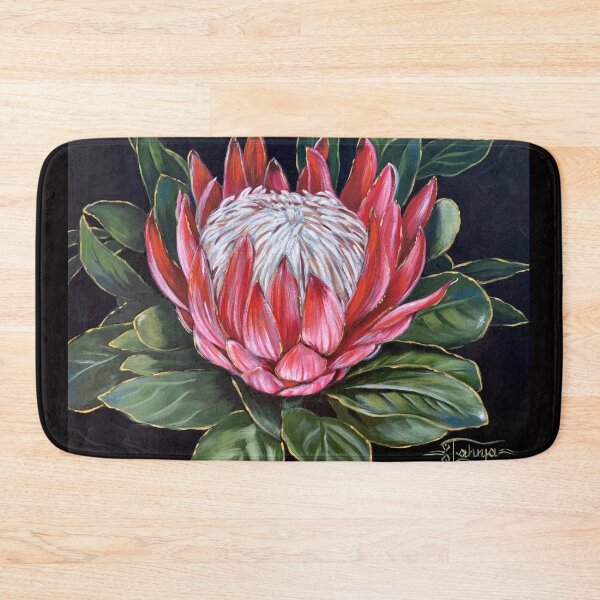 Item preview, Red Protea flower black background acrylic painting designed and sold by Tahnja Wolter.