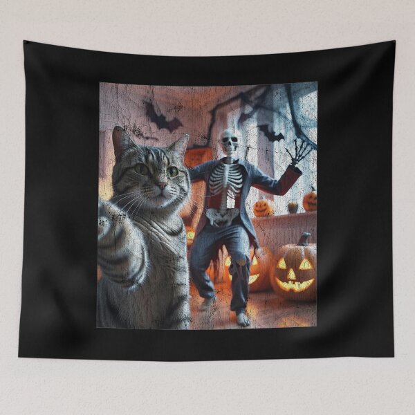 Item preview, Funny Cat Selfie with Skeleton Scary Halloween Meme designed and sold by chung2525.