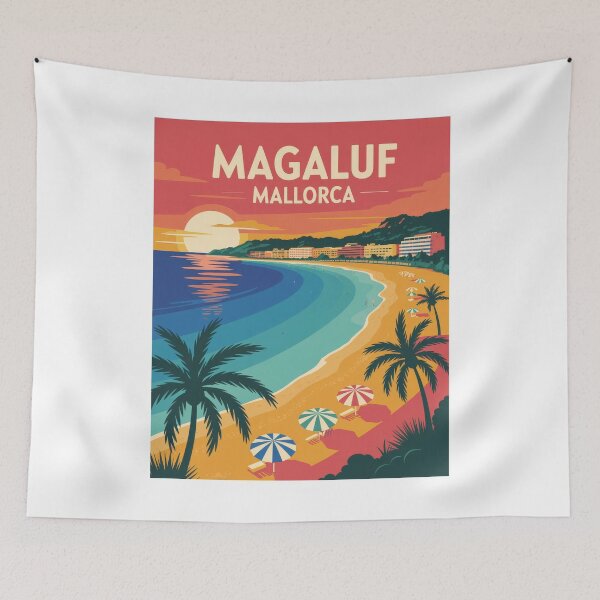 Item preview, Magaluf Mallorca Spain Retro Vintage Sunset – Colorful Beach Print with Palm Trees designed and sold by pod24.