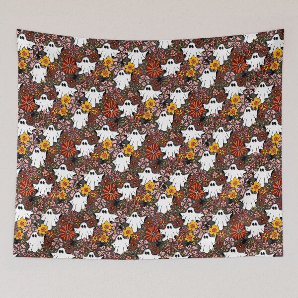 Item preview, Groovy Retro Halloween White ghosts fearful Black Spiders on Dark gray designed and sold by Designsbyluzia.