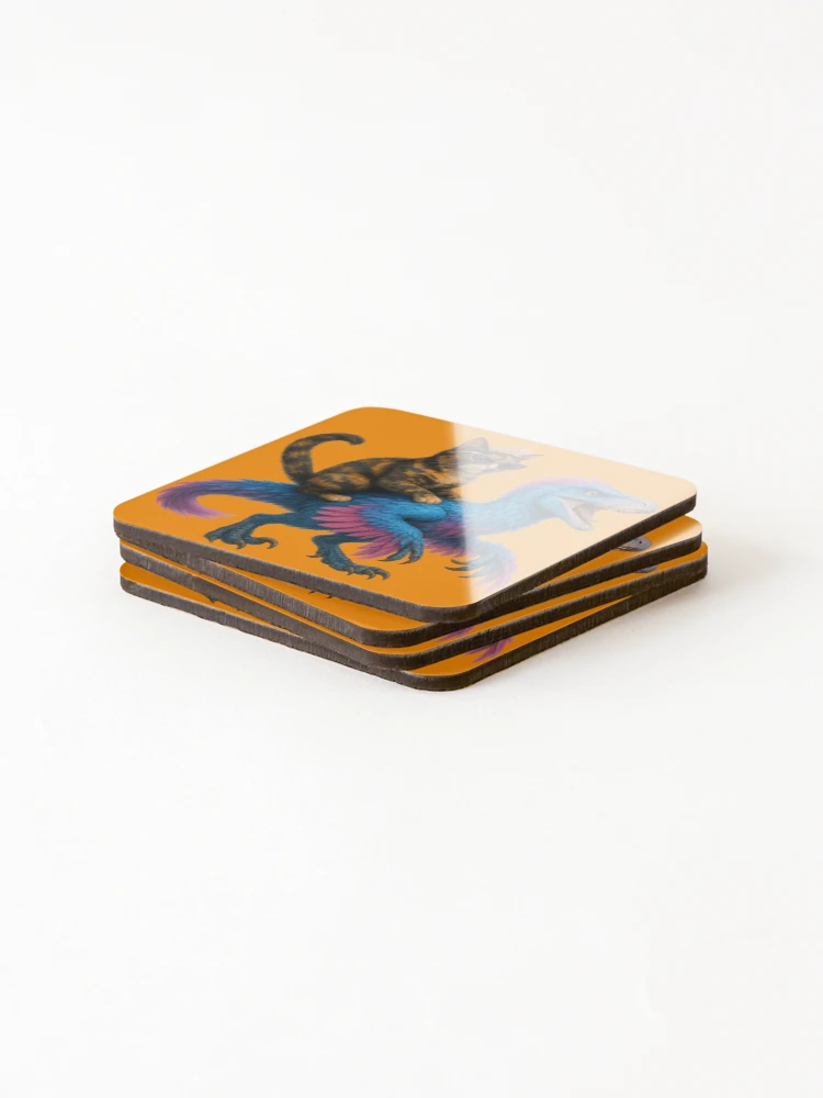Thumbnail 4 of 5, Coasters (Set of 4), Cat Riding Raptor designed and sold by TrippyCatStudios.
