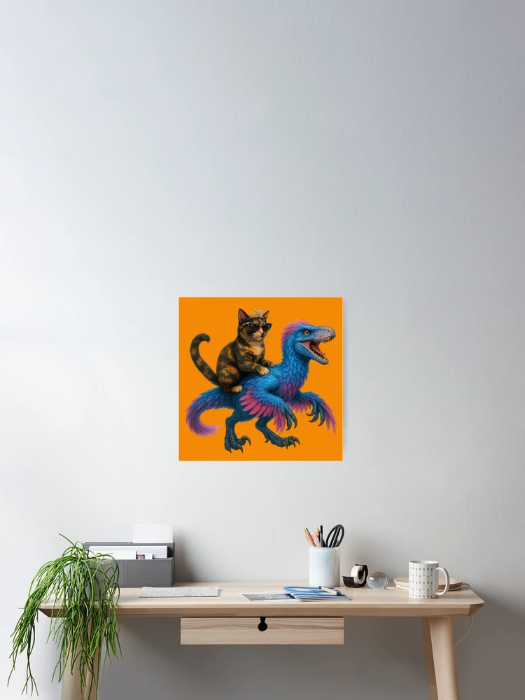 Thumbnail 2 of 3, Poster, Cat Riding Raptor designed and sold by TrippyCatStudios.