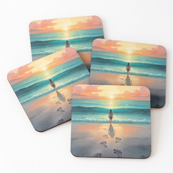 Item preview, "Footprints in the Sand – Tranquil Sunset Beach Walk Painting" designed and sold by Teecha45.
