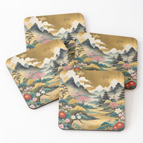 Item preview, watercolor, a scrap of Victorian Japanese Landscape wallpaper with  many flowers on the edges, double exposure, Gold, tattered and torn stained vintage paper with ancient writings designed and sold by johnlck.