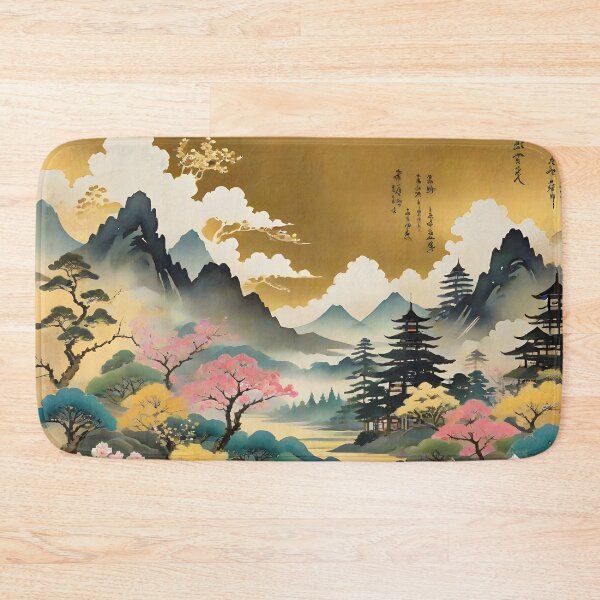 Item preview, watercolor, a scrap of Victorian Japanese Landscape wallpaper with  many flowers on the edges, double exposure, Gold, tattered and torn stained vintage paper with ancient writings designed and sold by johnlck.