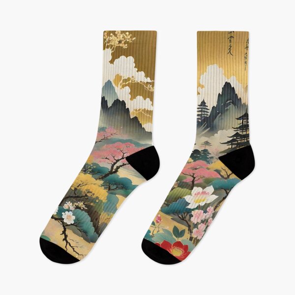 Item preview, watercolor, a scrap of Victorian Japanese Landscape wallpaper with  many flowers on the edges, double exposure, Gold, tattered and torn stained vintage paper with ancient writings designed and sold by johnlck.
