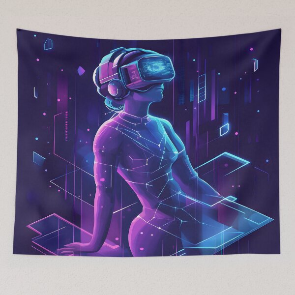 Item preview, Cyber Dreamscape – Futuristic VR Woman in Neon Virtual World designed and sold by !Shirt Stains!.
