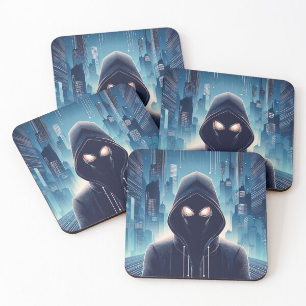 Item preview, Ominous Hooded Figure with Glowing Eyes in a Futuristic Cityscape design. designed and sold by HEMRO.