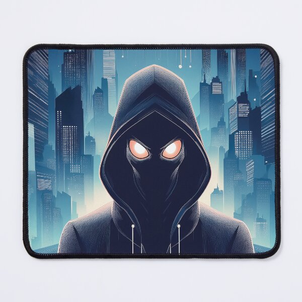 Item preview, Ominous Hooded Figure with Glowing Eyes in a Futuristic Cityscape design. designed and sold by HEMRO.
