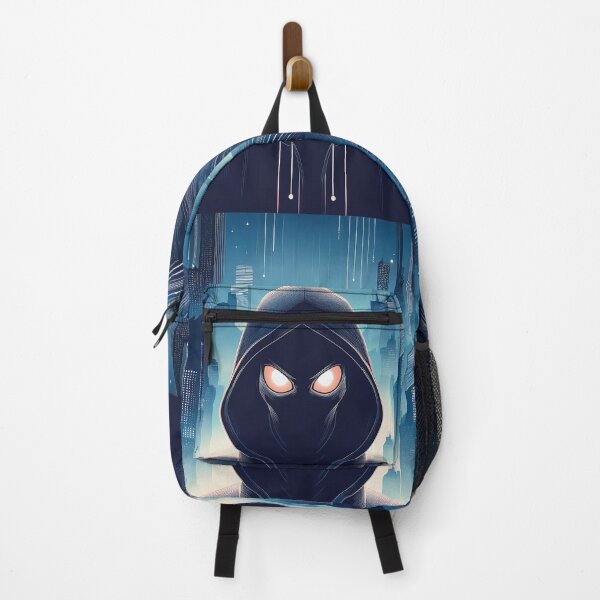 Item preview, Ominous Hooded Figure with Glowing Eyes in a Futuristic Cityscape design. designed and sold by HEMRO.