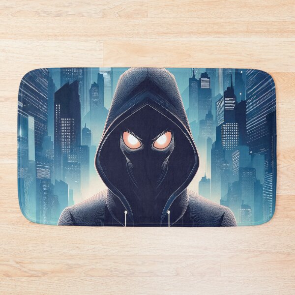 Item preview, Ominous Hooded Figure with Glowing Eyes in a Futuristic Cityscape design. designed and sold by HEMRO.