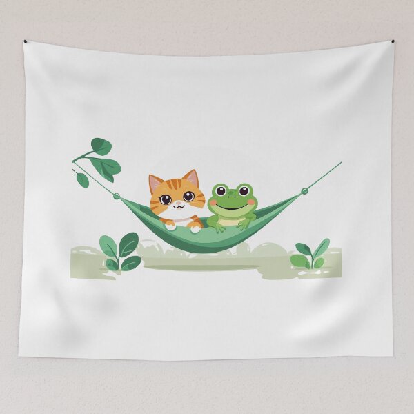Item preview, Ginger Cat & Green Frog on a Nature Hammock – Fantasy Cute Edition designed and sold by sakharumoowan08.