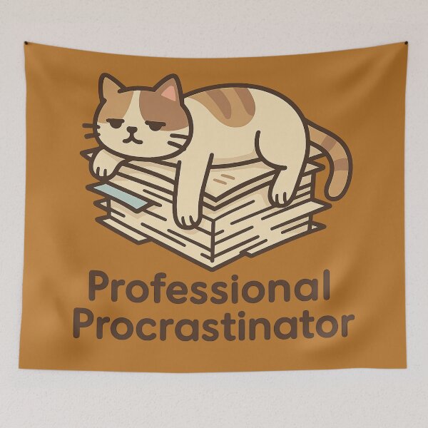 Item preview, Lazy Cat on Paper Stack – Professional Procrastinator Illustration designed and sold by LoomisDreams.