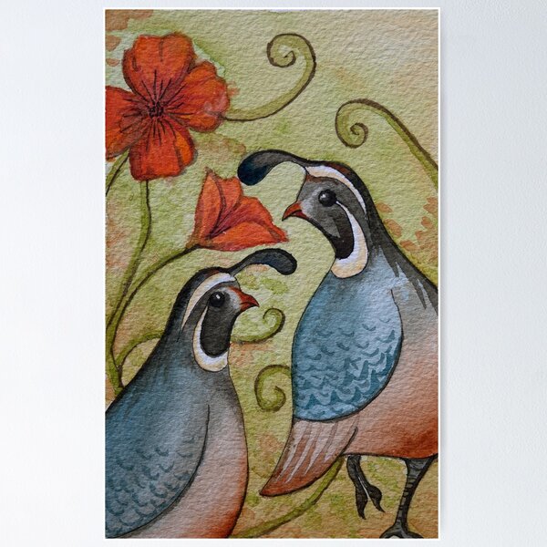 Item preview, The quail and the poppy watercolor painting by Bazil Zerinsky designed and sold by RedFinchDesigns.