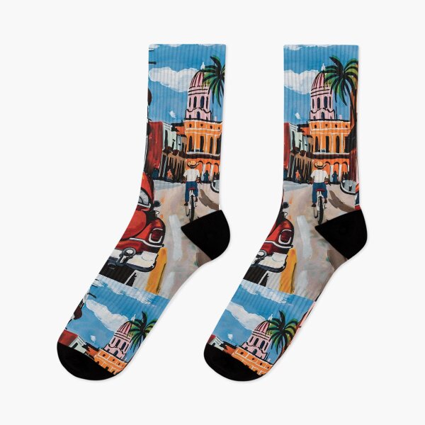 Item preview, Cruising Old Havana Streets- Vintage Red Car and Cyclist Amid Tropical Color and City Life designed and sold by OlfactoART Studio.