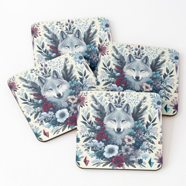 Item preview, Botanical Winter Wolf – Floral Portrait with Red Berries Frozen Plants designed and sold by EmeraldeaArt.