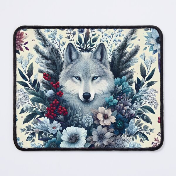 Item preview, Botanical Winter Wolf – Floral Portrait with Red Berries Frozen Plants designed and sold by EmeraldeaArt.