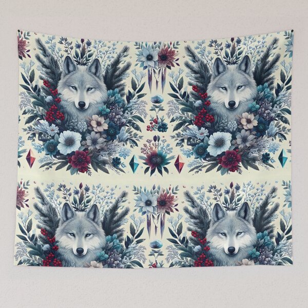 Item preview, Botanical Winter Wolf – Floral Portrait with Red Berries Frozen Plants designed and sold by EmeraldeaArt.