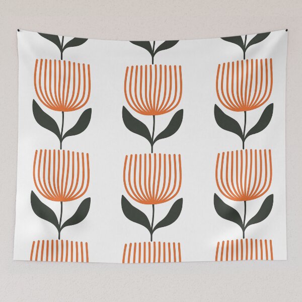 Item preview, Minimal Orange Line Flower with Dark Green Leaves designed and sold by ArtfulWeave.