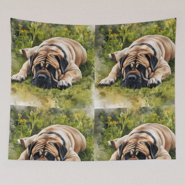 Item preview, Beige Mastiff Dog in Wildflower Meadow – Cute Big Dog Illustration for Mastiff Lovers designed and sold by EmeraldeaArt.