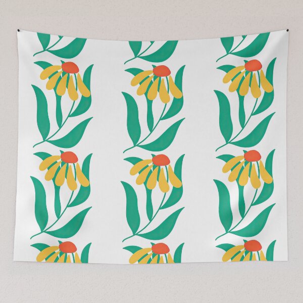 Item preview, Yellow Petal Flower with Red Center and Green Leaves designed and sold by ArtfulWeave.