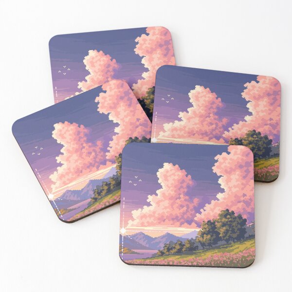 Item preview, Pixel Art Sunset Meadow — Pink Wildflowers, Lake & Pastel Mountains designed and sold by darkskinbender.