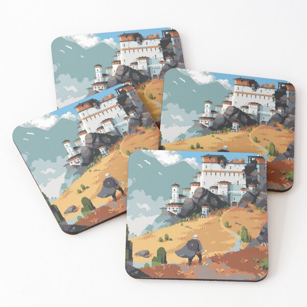 Item preview, Pixel Art Wanderer — Cloaked Traveler Approaching Mountain Village designed and sold by darkskinbender.