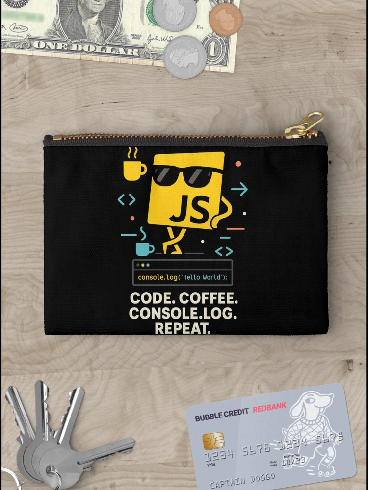Thumbnail 3 of 4, Zipper Pouch, Code Coffee Console.log Repeat JavaScript Dev designed and sold by meshhead.