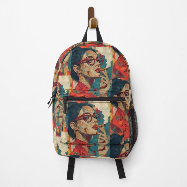 Item preview, Bold Presence in Color - Confident Woman with Red Glasses and Cigar Against Vibrant Collage Backdrop designed and sold by OlfactoART Studio.