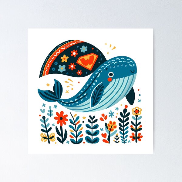Item preview, Blue Whale: Hope for Wildlife: Ocean Superhero - Scandinavian Folk Art by heidiannemorris © designed and sold by FOLK ART FUSION by heidiannemorris.