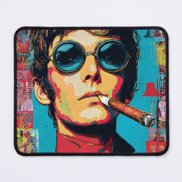 Item preview, Retro Swagger in Smoke - Stylish Man with Round Sunglasses and Cigar Against Vibrant Vintage Collage designed and sold by OlfactoART Studio.