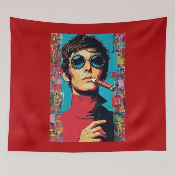Item preview, Retro Swagger in Smoke - Stylish Man with Round Sunglasses and Cigar Against Vibrant Vintage Collage designed and sold by OlfactoART Studio.