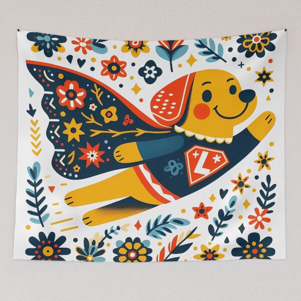 Item preview, Superhero Labrador: Flying Pup - Scandinavian Folk Art by heidiannemorris © designed and sold by FOLK ART FUSION by heidiannemorris.