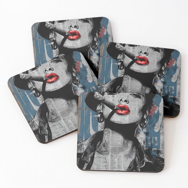 Item preview, Cigar Attitude - Stylish Woman with Red Lips Against Collaged Urban Backdrop designed and sold by OlfactoART Studio.