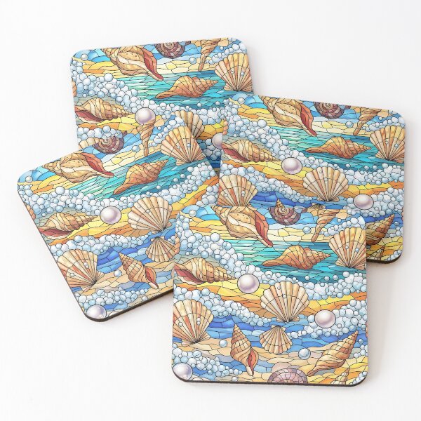 Item preview, Stained glass-style sea waves, pearl, shells pattern design  designed and sold by Creativeeworld777.