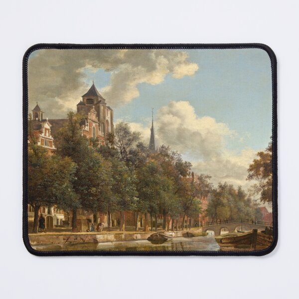 Item preview, View Down a Dutch Canal by Jan van der Heyden (c. 1670) – Moody Cityscape with Bridge and Boats designed and sold by UBU-space.