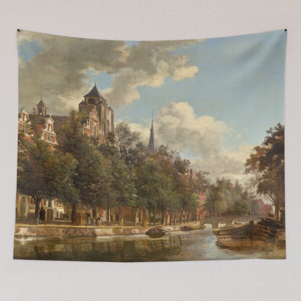 Item preview, View Down a Dutch Canal by Jan van der Heyden (c. 1670) – Moody Cityscape with Bridge and Boats designed and sold by UBU-space.
