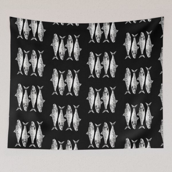 Item preview, Black and White Repeating Sardine Pattern Drawing designed and sold by TackyTime.