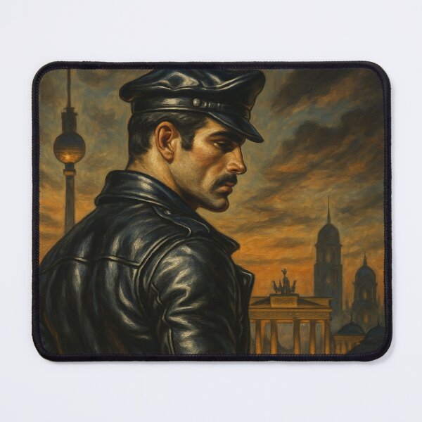 Item preview, 1950s Vintage Gay Leather Daddy Berlin Skyline Cityscape Sunset Tom of Finland Tribute Graphic Design designed and sold by ItsAKinkThing.