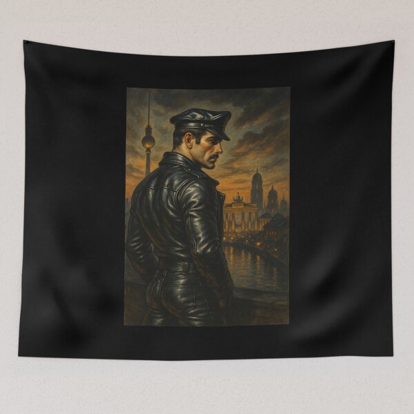 Item preview, 1950s Vintage Gay Leather Daddy Berlin Skyline Cityscape Sunset Tom of Finland Tribute Graphic Design designed and sold by ItsAKinkThing.