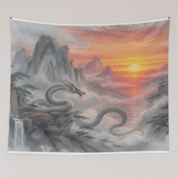 Item preview, Tranquil Eastern Dragon Design – Resting Dragon in Misty Mountain Sunrise – Serene Fantasy Art designed and sold by Emmachenn / WineDronk Shop.