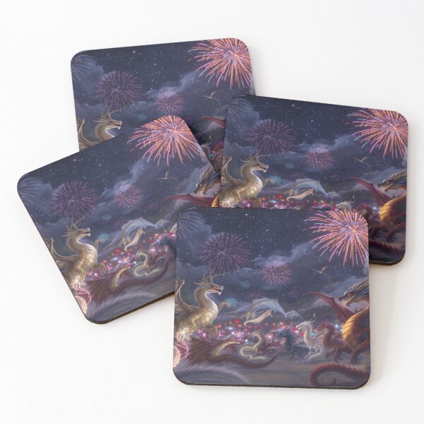 Item preview, Magical Dragon Festival at Night – Fireworks, Lanterns & Food Stalls – Festive Fantasy Art with Unique Dragons designed and sold by Emmachenn / WineDronk Shop.