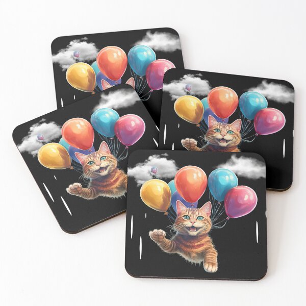 Item preview, Floating Cat with Balloons – Surreal Cartoon Style designed and sold by Vrixat.