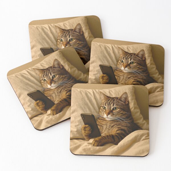 Item preview, Tabby Cat Lounging in Bed with Smartphone designed and sold by Myra365Art.
