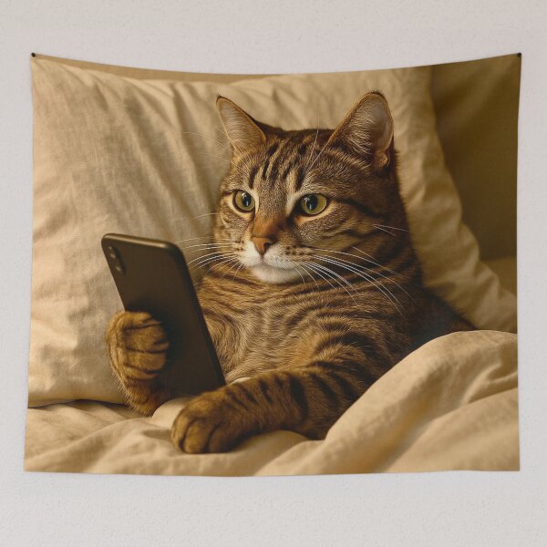 Item preview, Tabby Cat Lounging in Bed with Smartphone designed and sold by Myra365Art.