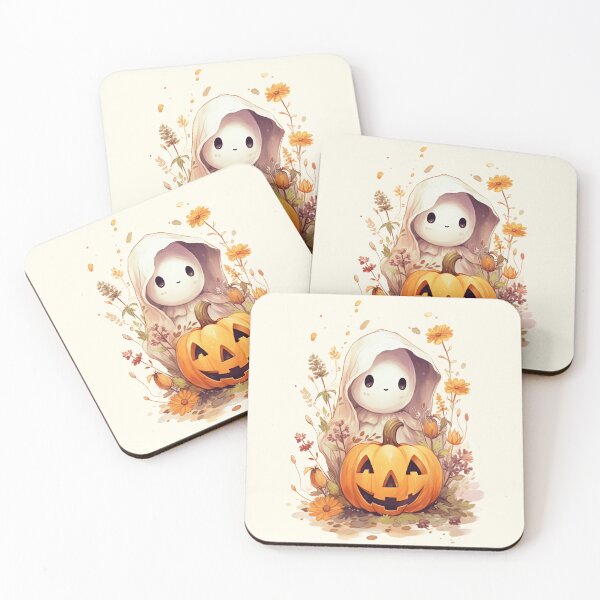 Item preview, Cute Halloween Ghost with Pumpkin and Autumn Flowers designed and sold by byAnnaMel.