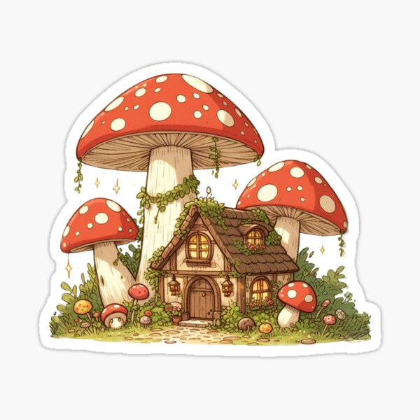 Item preview, Mushroom Cottagecore Sticker | Whimsical Fairy House in Toadstool Forest designed and sold by YuWaNaStudio.