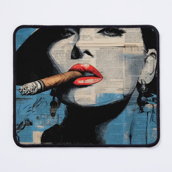 Item preview, Light It Up with Attitude - Bold Noir Portrait of a Woman with Cigar and Vintage Newsprint Flair designed and sold by OlfactoART Studio.