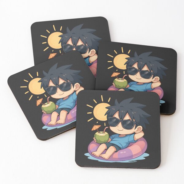 Item preview, Kai the Summer Slacker – Cute Chibi Anime Boy Relaxing on Pool Float with Coconut Drink designed and sold by ColorSplash123.