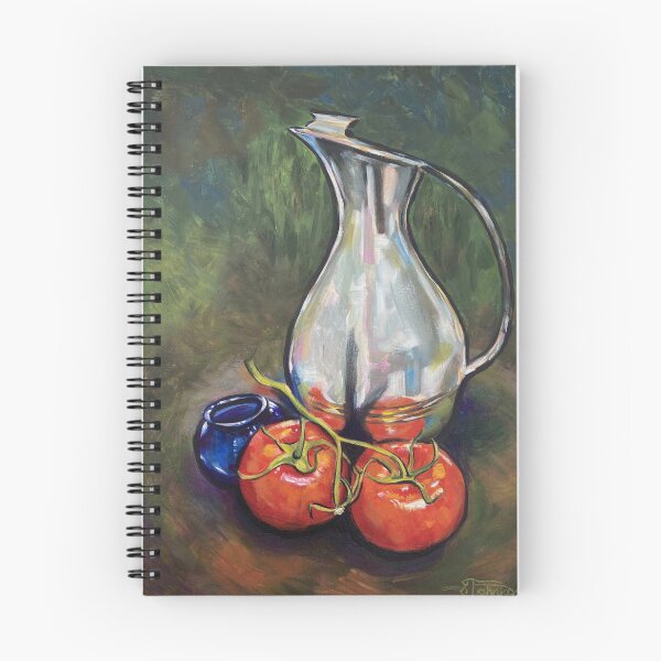 Item preview, Still life with silver jug, blue bowl, and red tomatoes acrylic painting designed and sold by Tahnja Wolter.